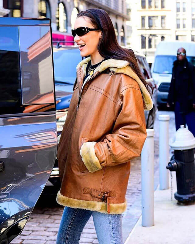 Bella Hadid Brown Jacket With Faux Fur Lining