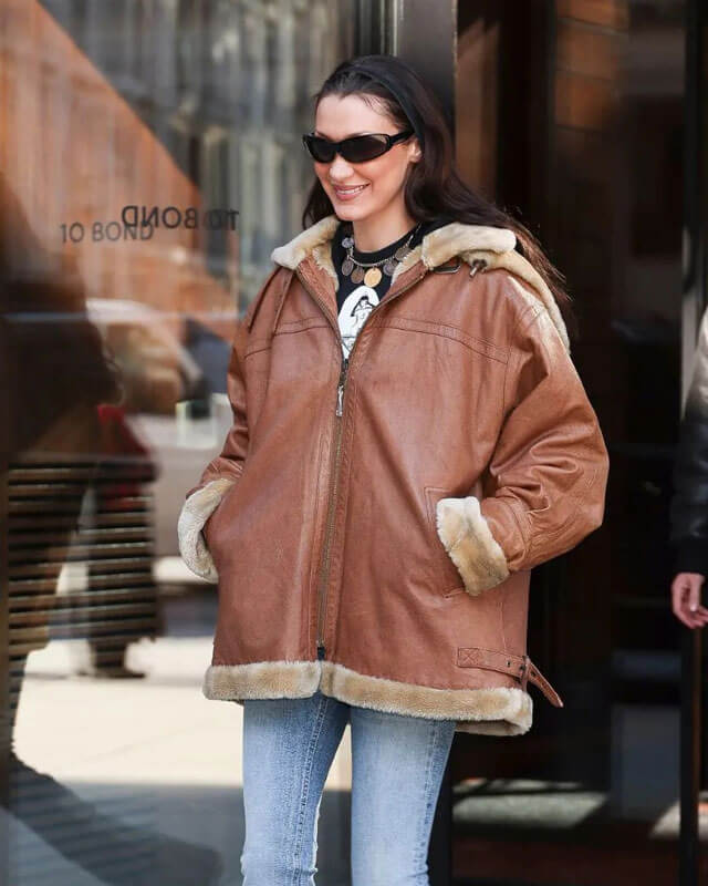 Bella Hadid Brown Shearling Hooded Jacket