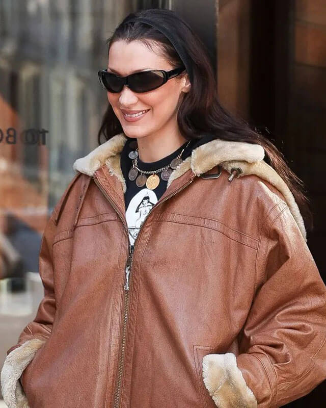 Bella Hadid Shearling Hooded Leather Jacket
