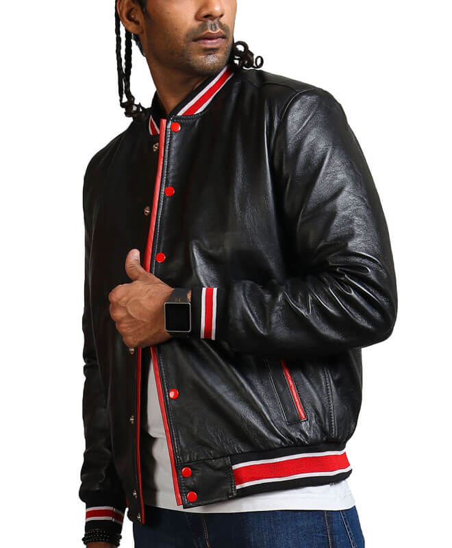 Black Bomber Jacket With Red Stripes