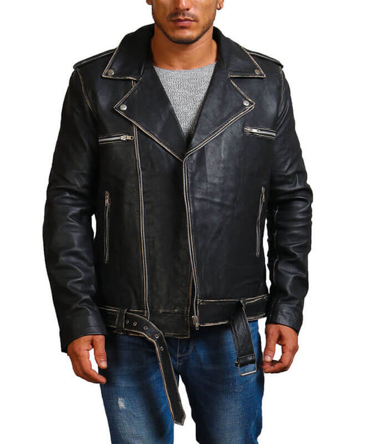 Black Distressed Detailing Motorcycle Jacket