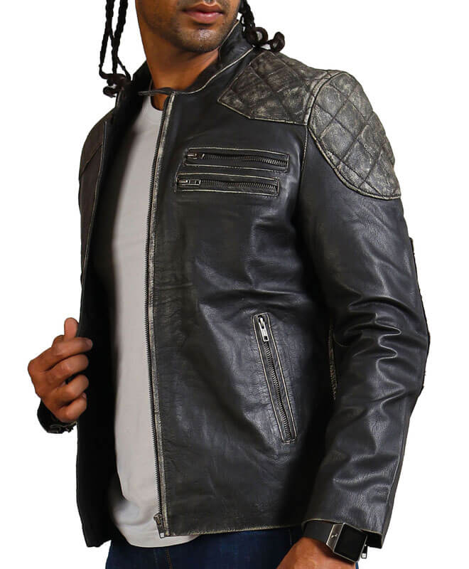 Black Skull Distressed Motorcycle Leather Jacket