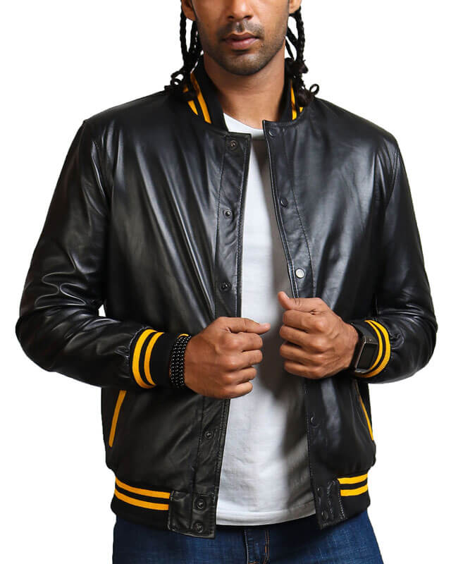 Yellow Striped Black Bomber Jacket - Main Image