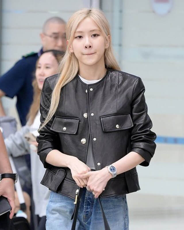 Blackpink Fashion Rose Airport Black Leather Jacket