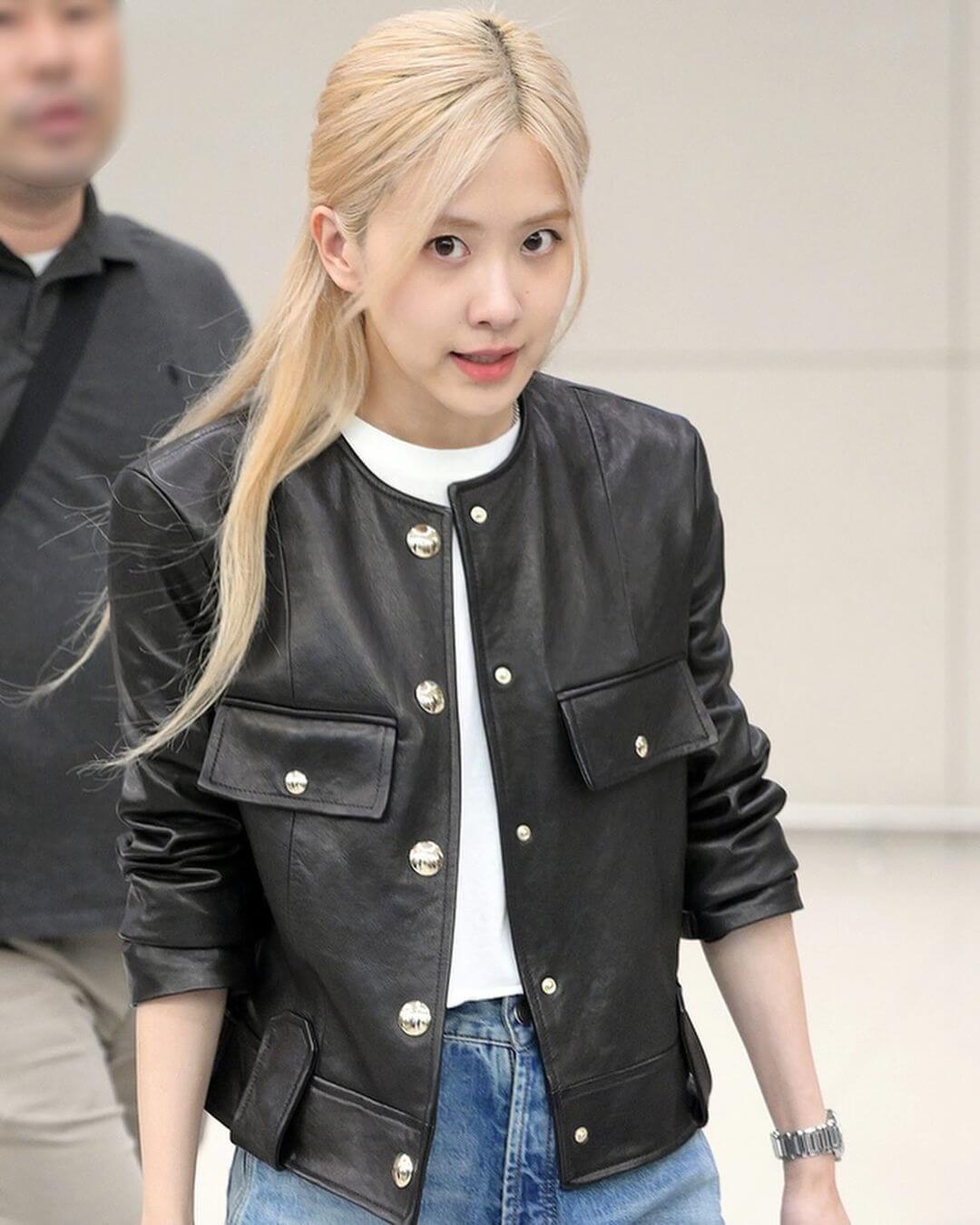 Blackpink Rose Airport Fashion Collarless Leather Jacket