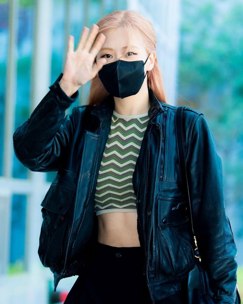 Blackpink Rose Leather Jacket Airport Fashion