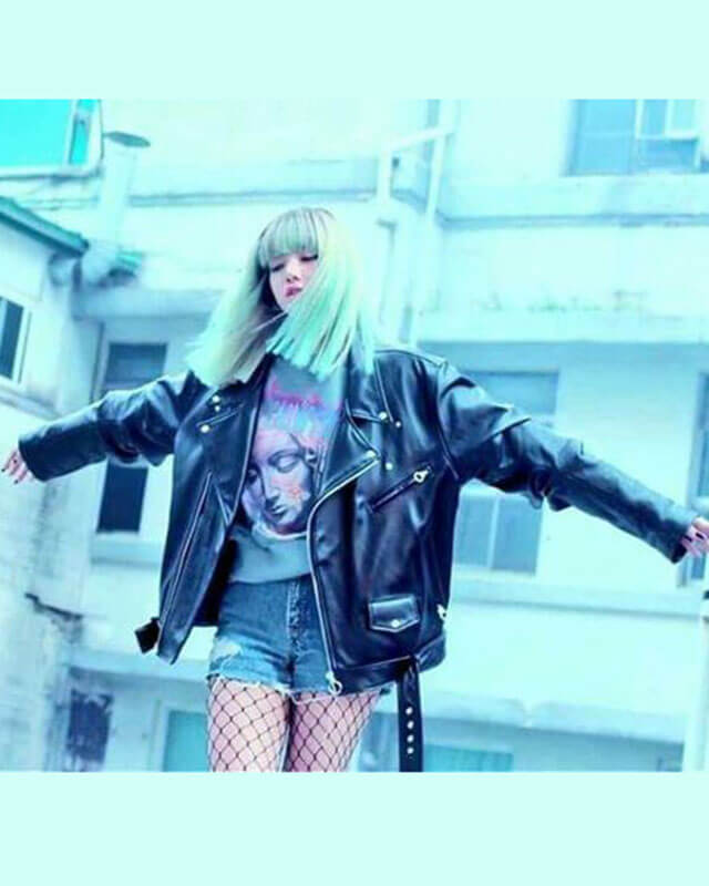 black leather jacket green backpack Blackpink Stay Lisa Biker Leather Jacket