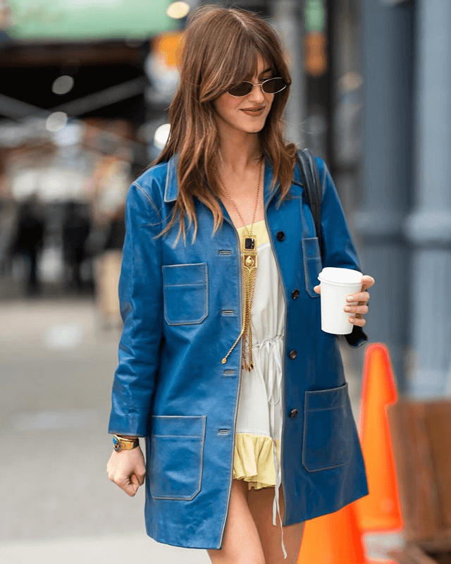 Daisy Edgar Jones Leather Blue Coat