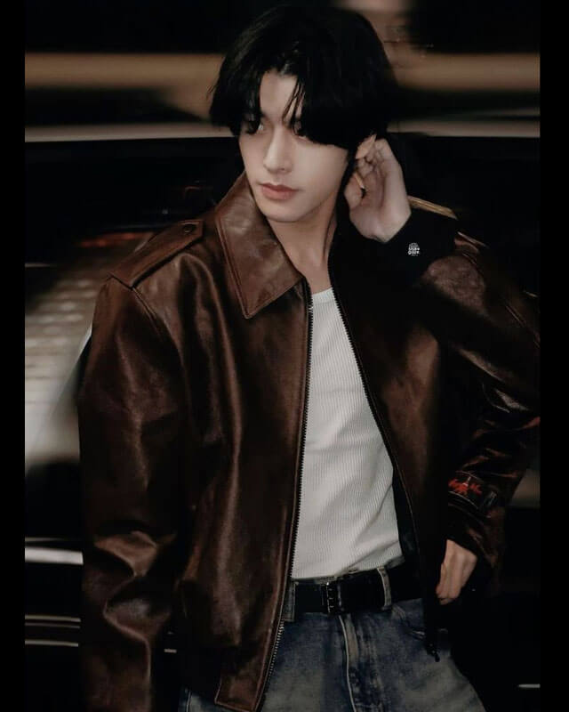 Enhypen Jay Bomber Brown Leather Jacket