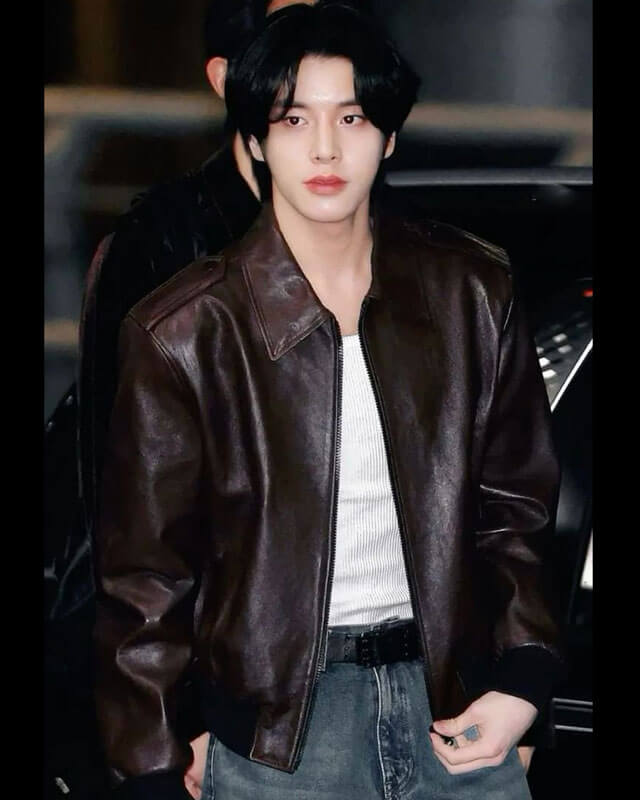 Enhypen Jay Brown Bomber Leather Jacket