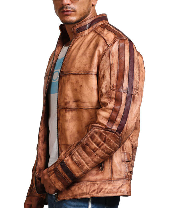 Hand Waxed Tan Biker Leather Jacket Men