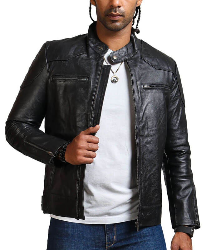 Men Biker Black Leather Jacket
