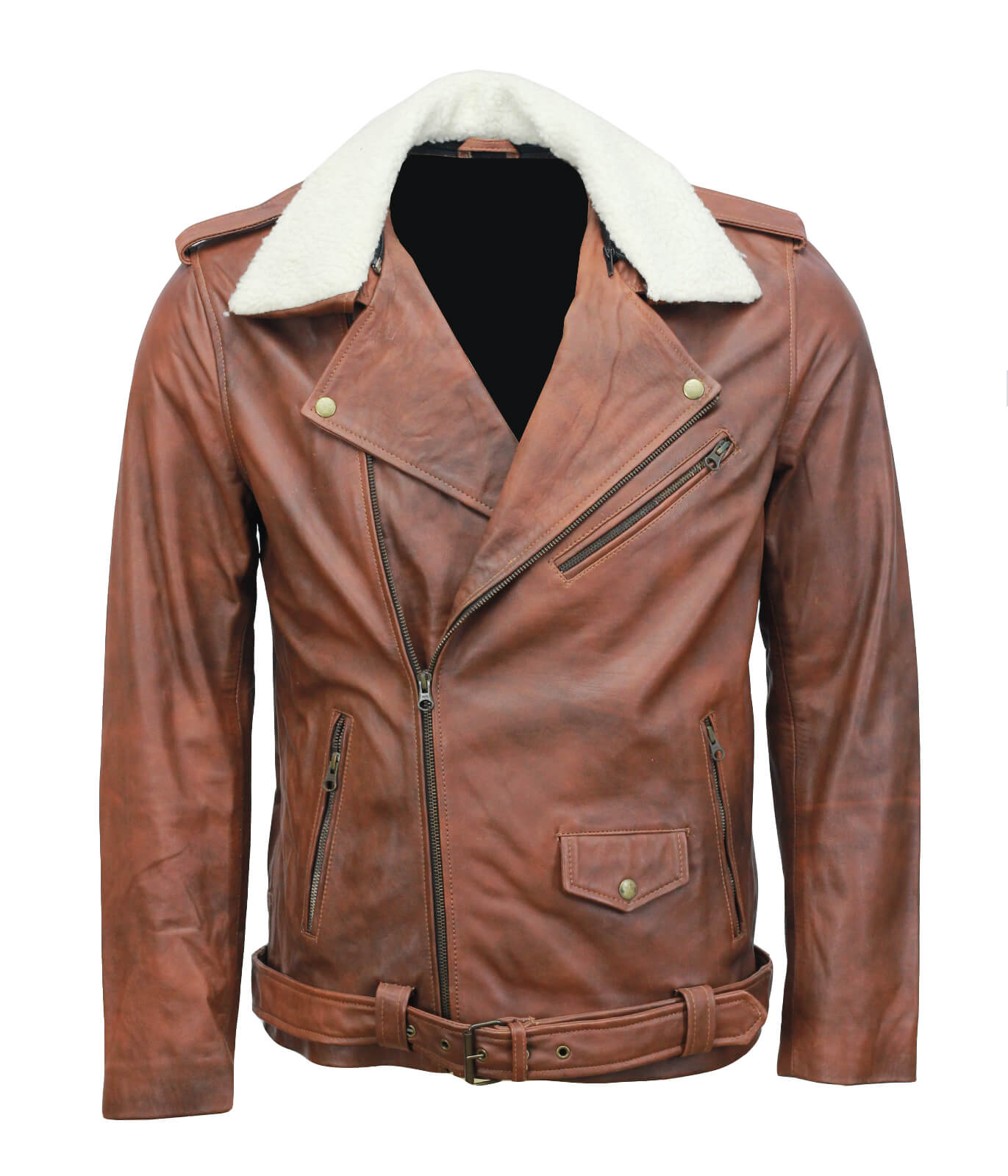 Men Brown Leather Jacket With Belt