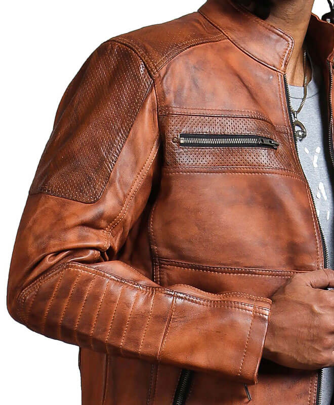 Men Brown Perforated Biker Jacket