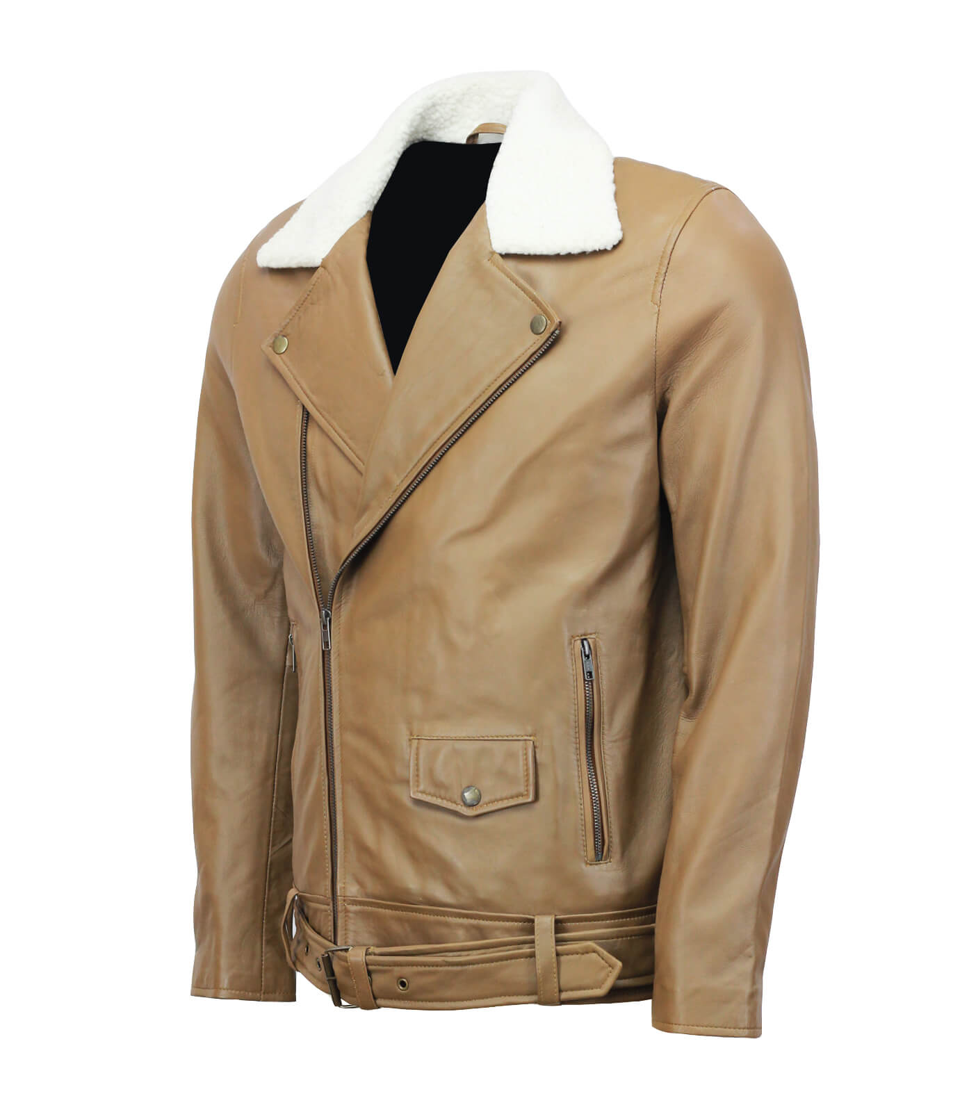 Men Camel Leather Jacket With Belt