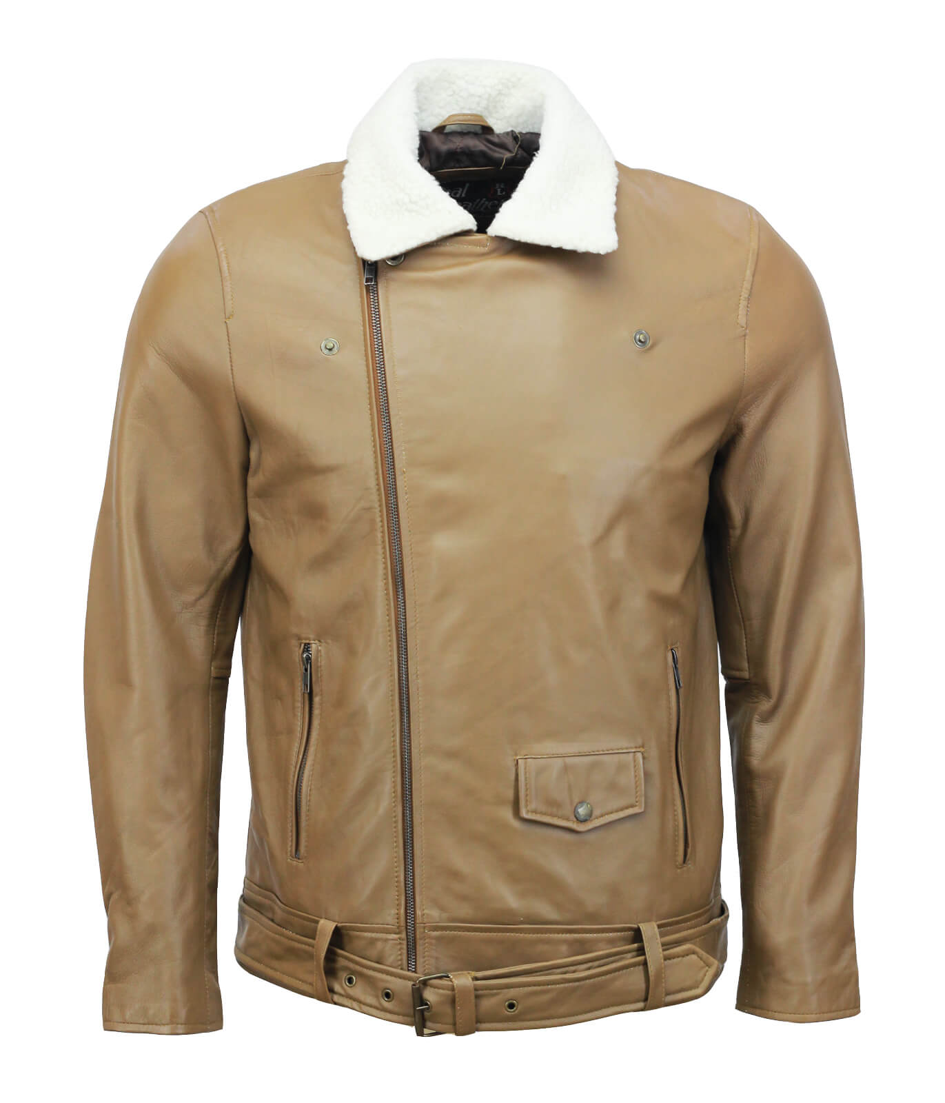 Men Camel Motorcycle Jacket With Fur Collar