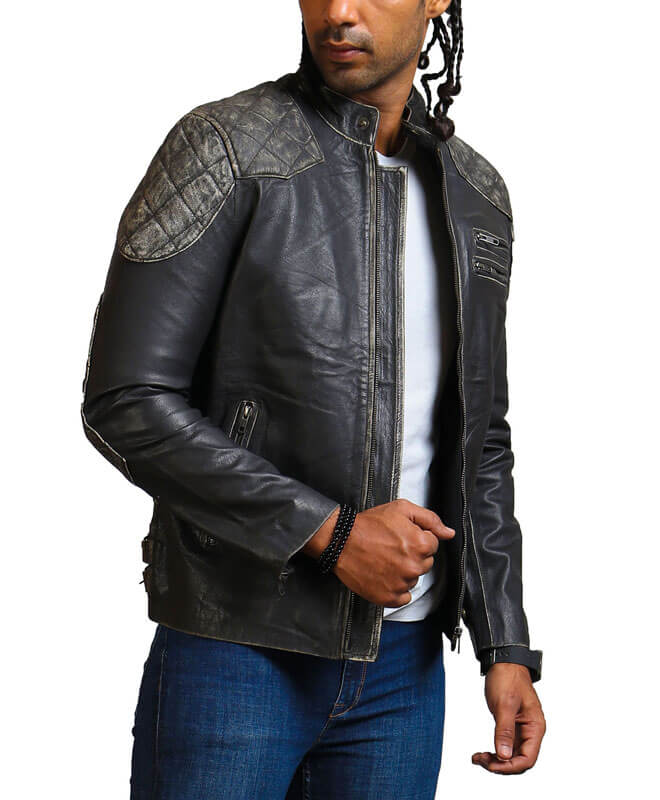 Men Distressed Black Motorcycle Leather Jacket