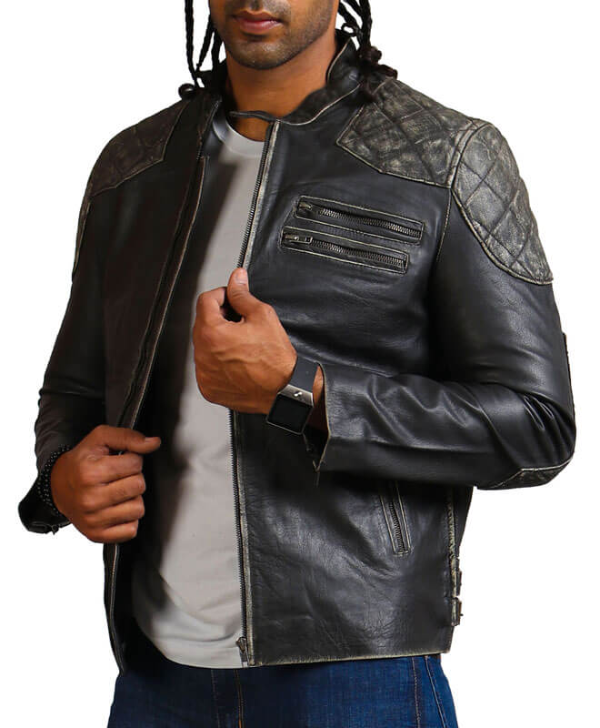 Men Distressed Black Skull Biker Real Leather Jacket