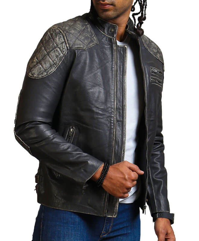 Men Distressed Black Skull Motorcycle Leather Jacket