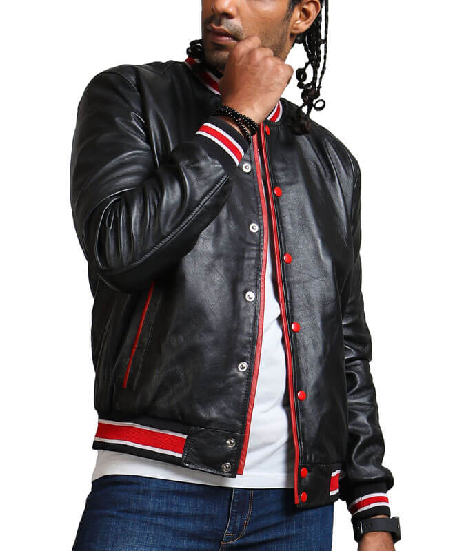 Red Striped Real Leather Black Jacket
