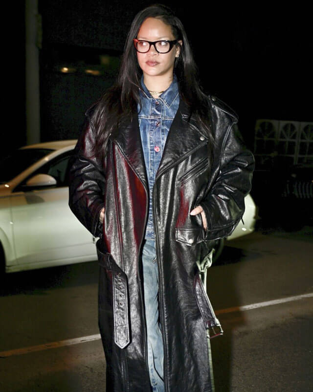 Rihanna Black Long Leather Coat
