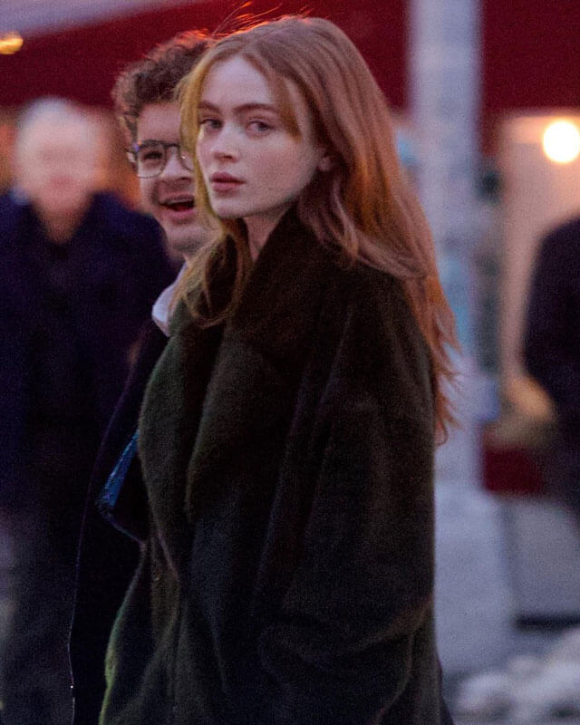 Sadie Sink Black Faux Fur Long Coat