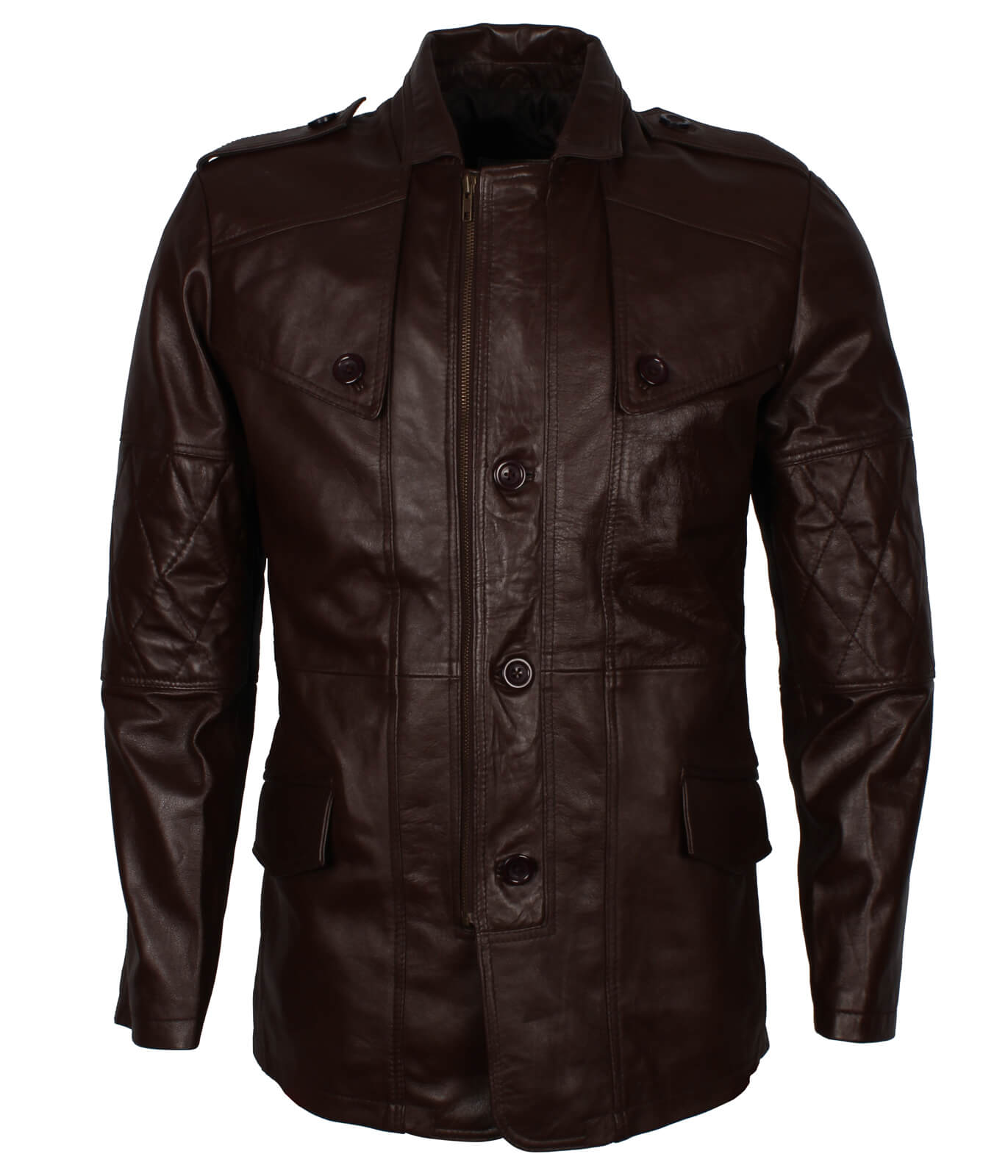 Sheepskin Dark Brown Leather Coat - Military Officer Style – AlexGear