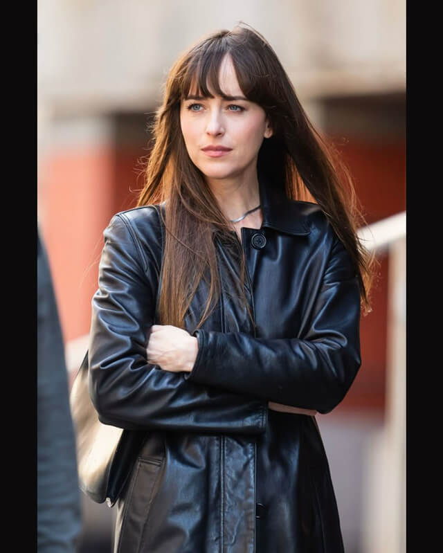 The Materialists Dakota Johnson Leather Coat