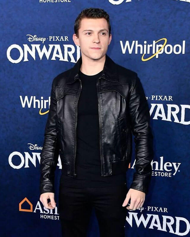 Tom Holland Black Leather Bomber Jacket