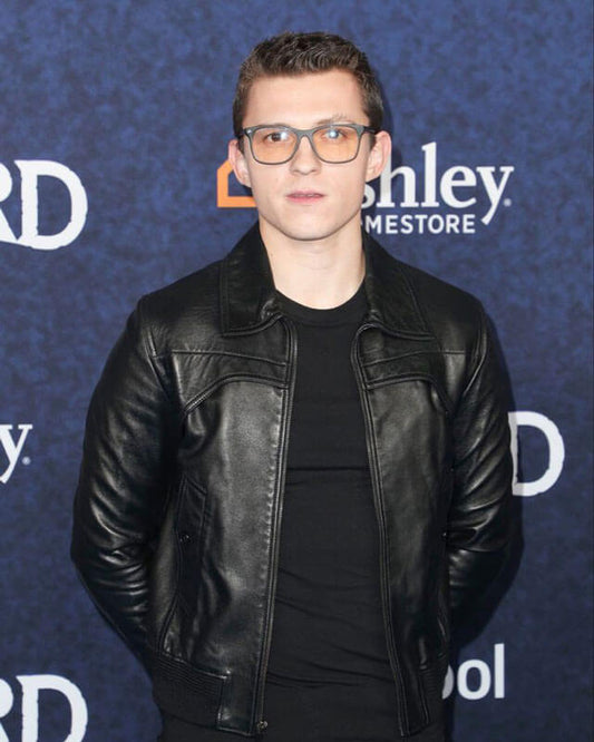 Tom Holland Black Leather Bomber Jacket