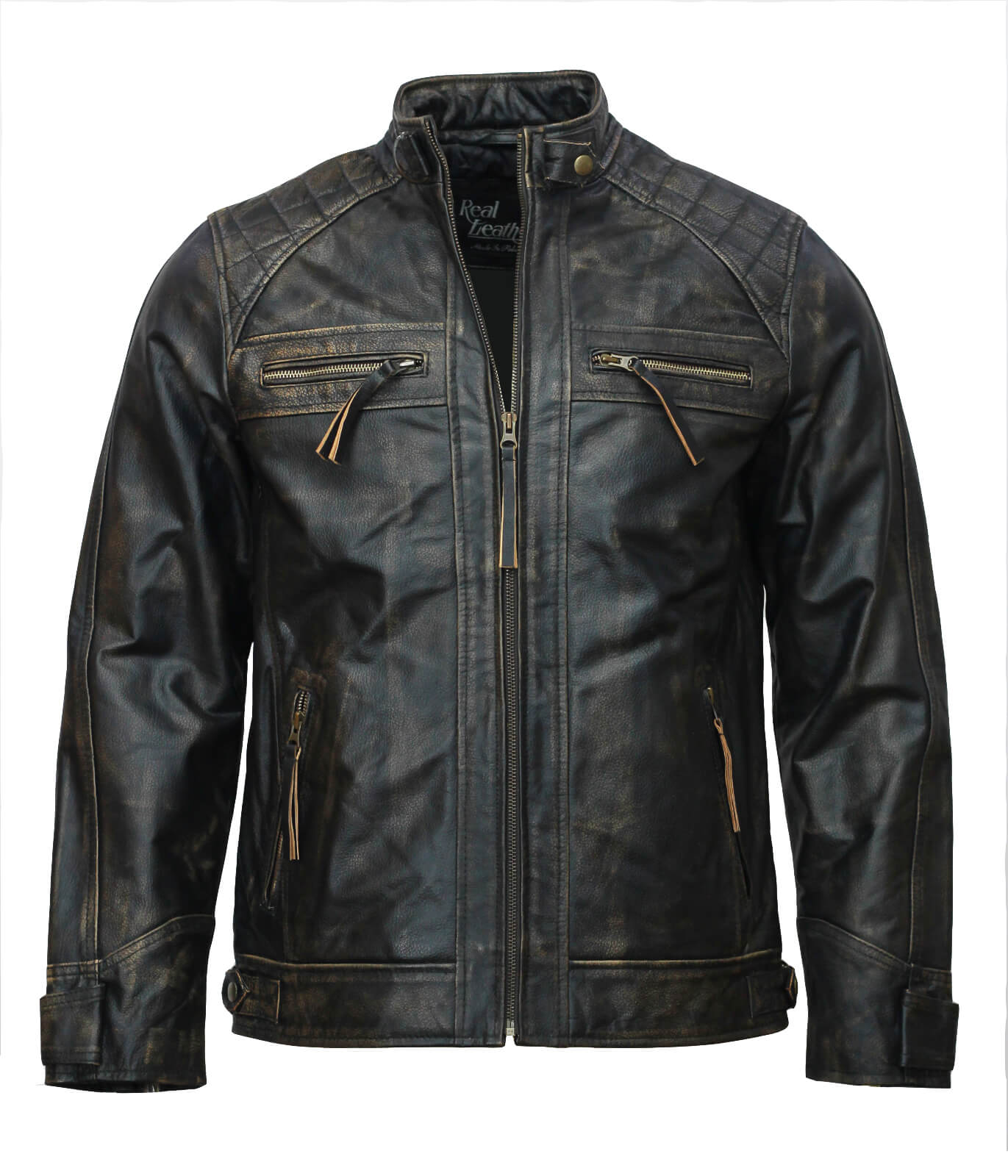 Black Distressed Leather Biker Jacket