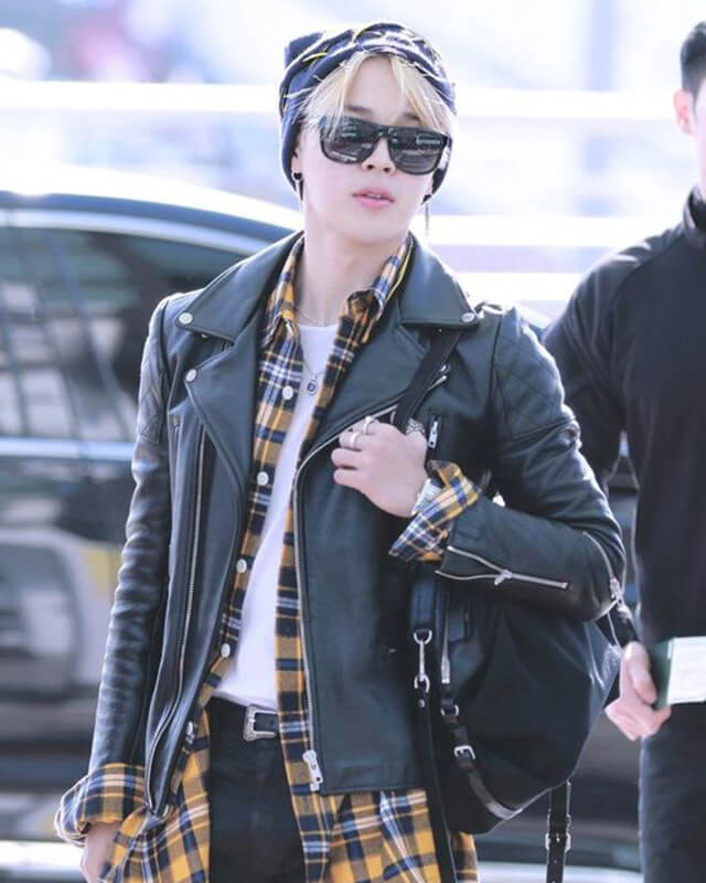 Outfit Bts Anorak Jimin Airport Fashion Black Biker Leather Jacket