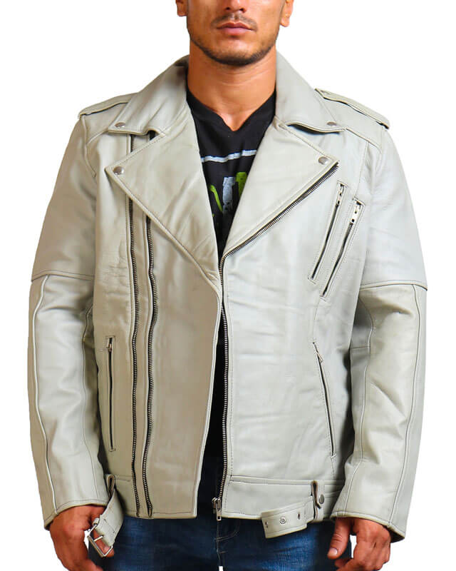 Men Double Zipper White Motorcycle Jacket