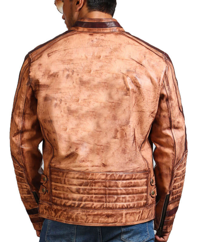 Men Waxed Tan Leather Biker Jacket