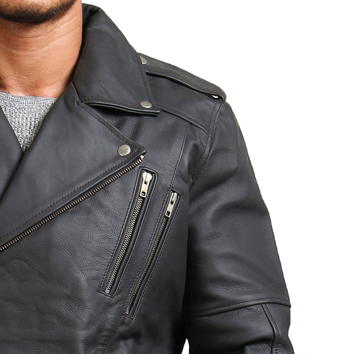 Grey Genuine Leather Biker Jacket