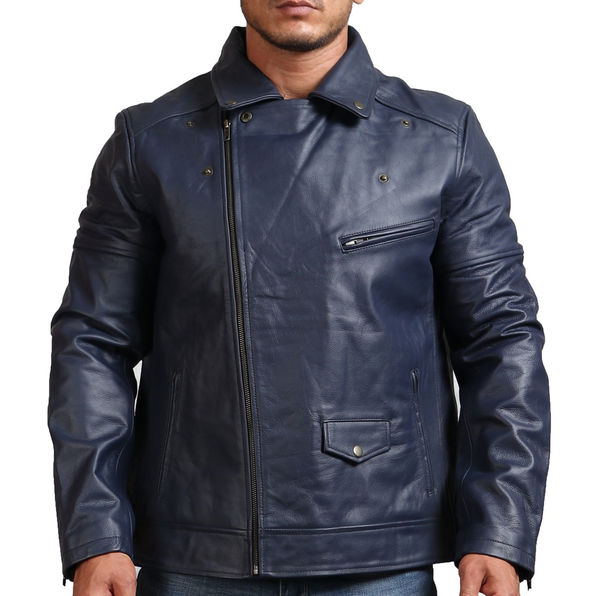 Blue Motorcycle Genuine Leather Jacket