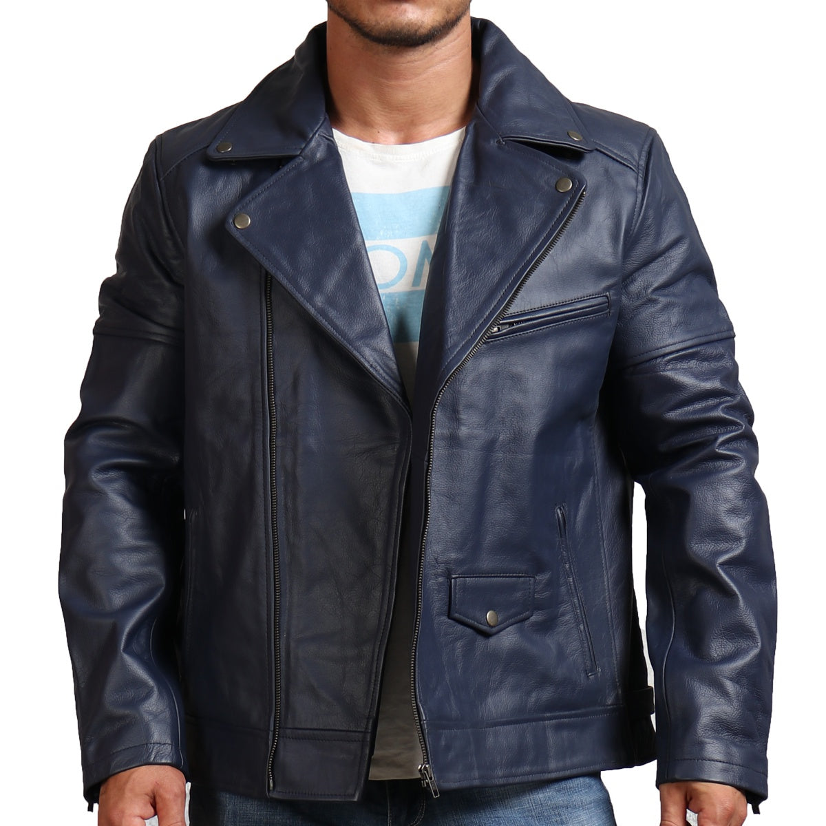 Blue Real Leather Biker jacket