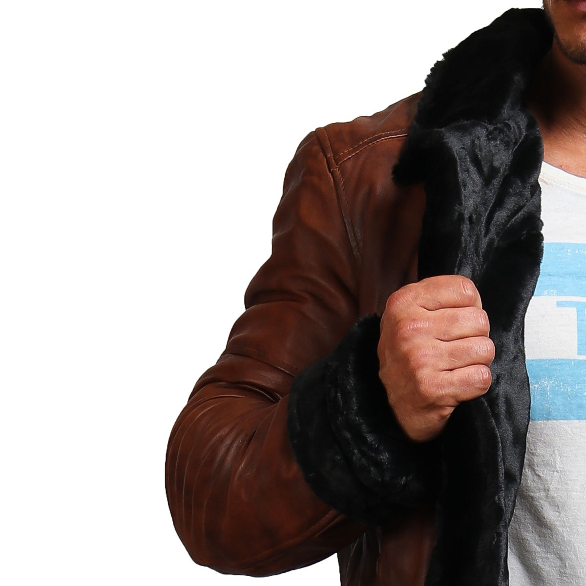 Inner Black Fur Lining Brown Biker Jacket