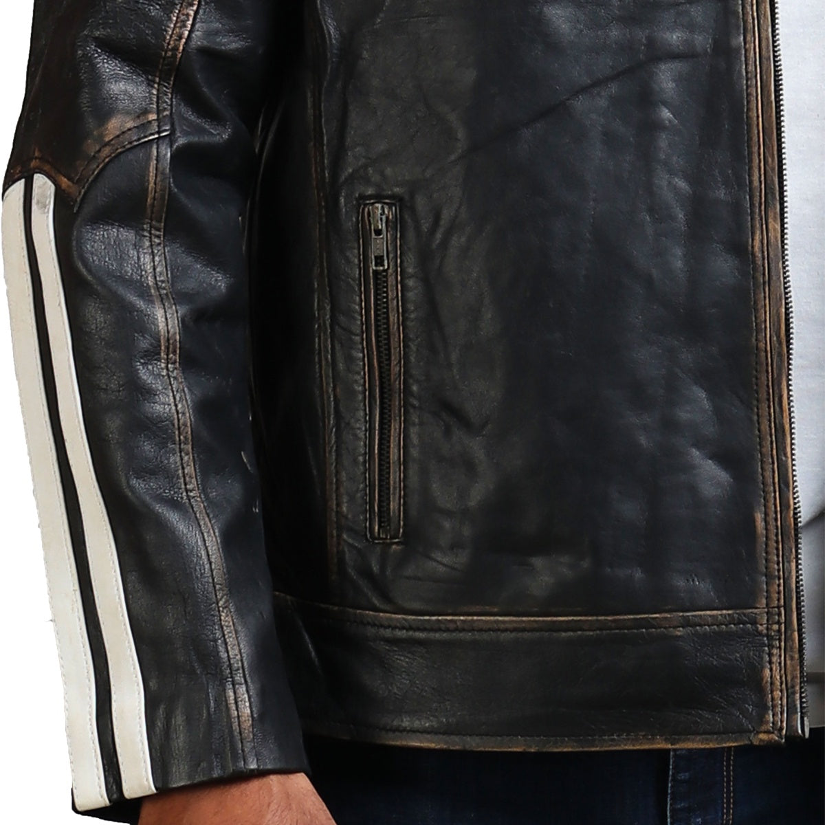 Black Biker Jacket With White Stripes