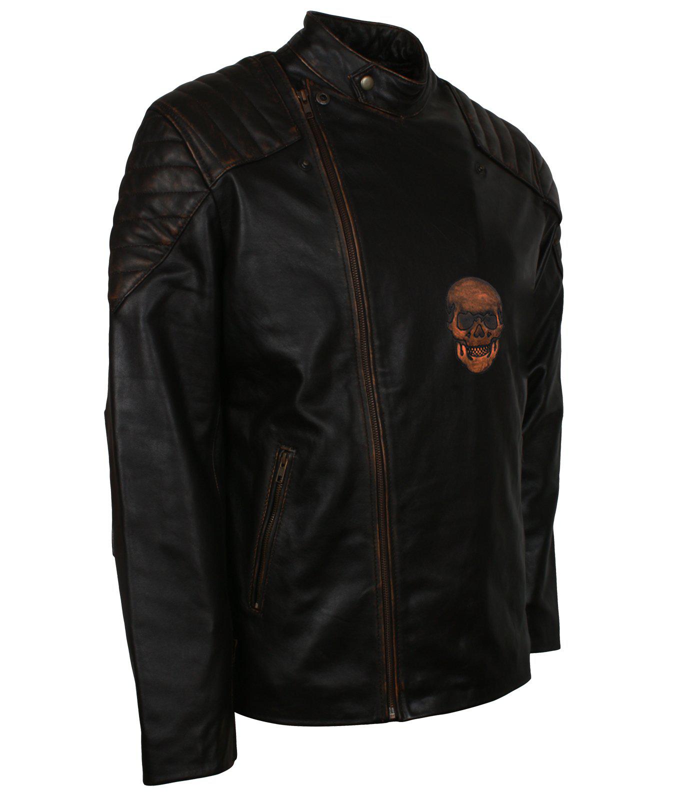 Mens Black Skull Biker Leather Jacket