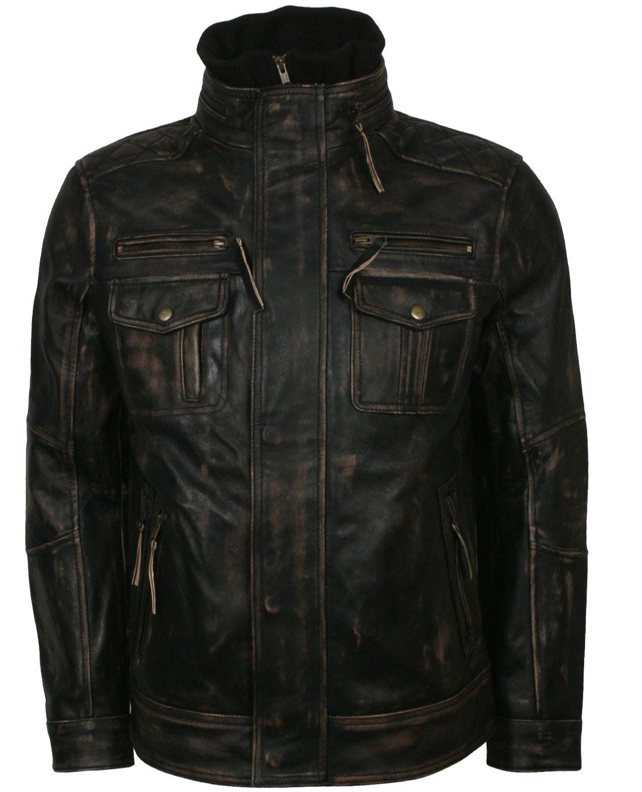 Distressed Leather Biker Jacket Mens