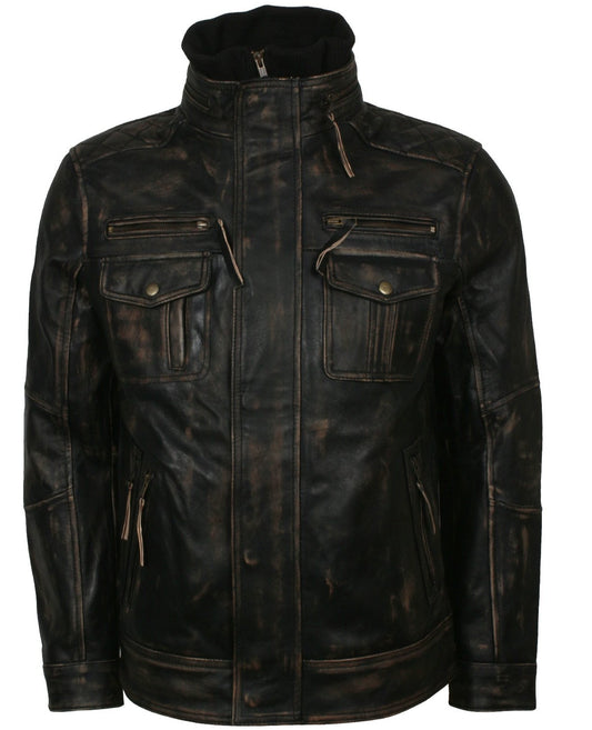 Distressed Leather Biker Jacket Mens