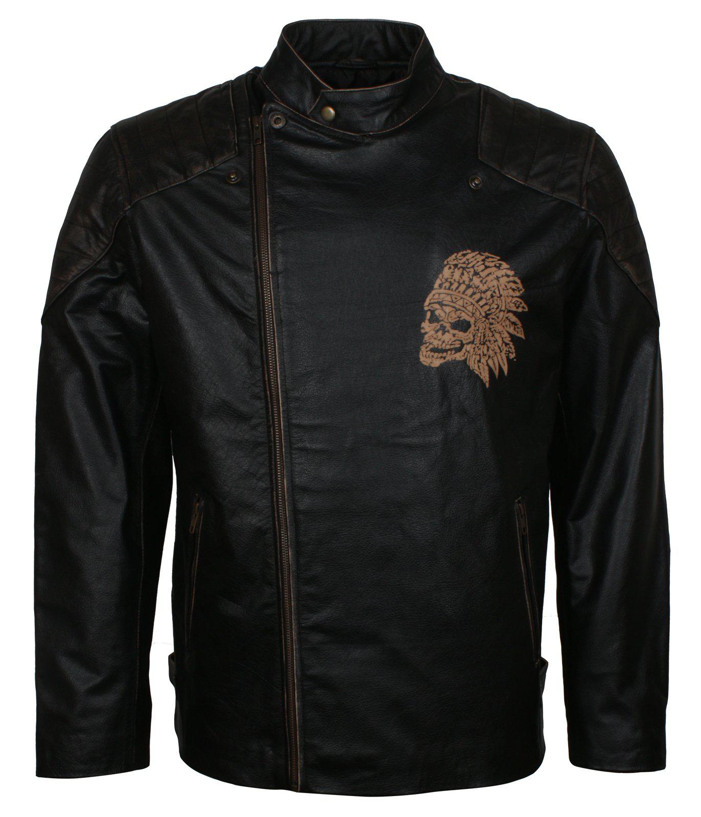 Engraved Indian Skull Leather Motorcycle Jacket