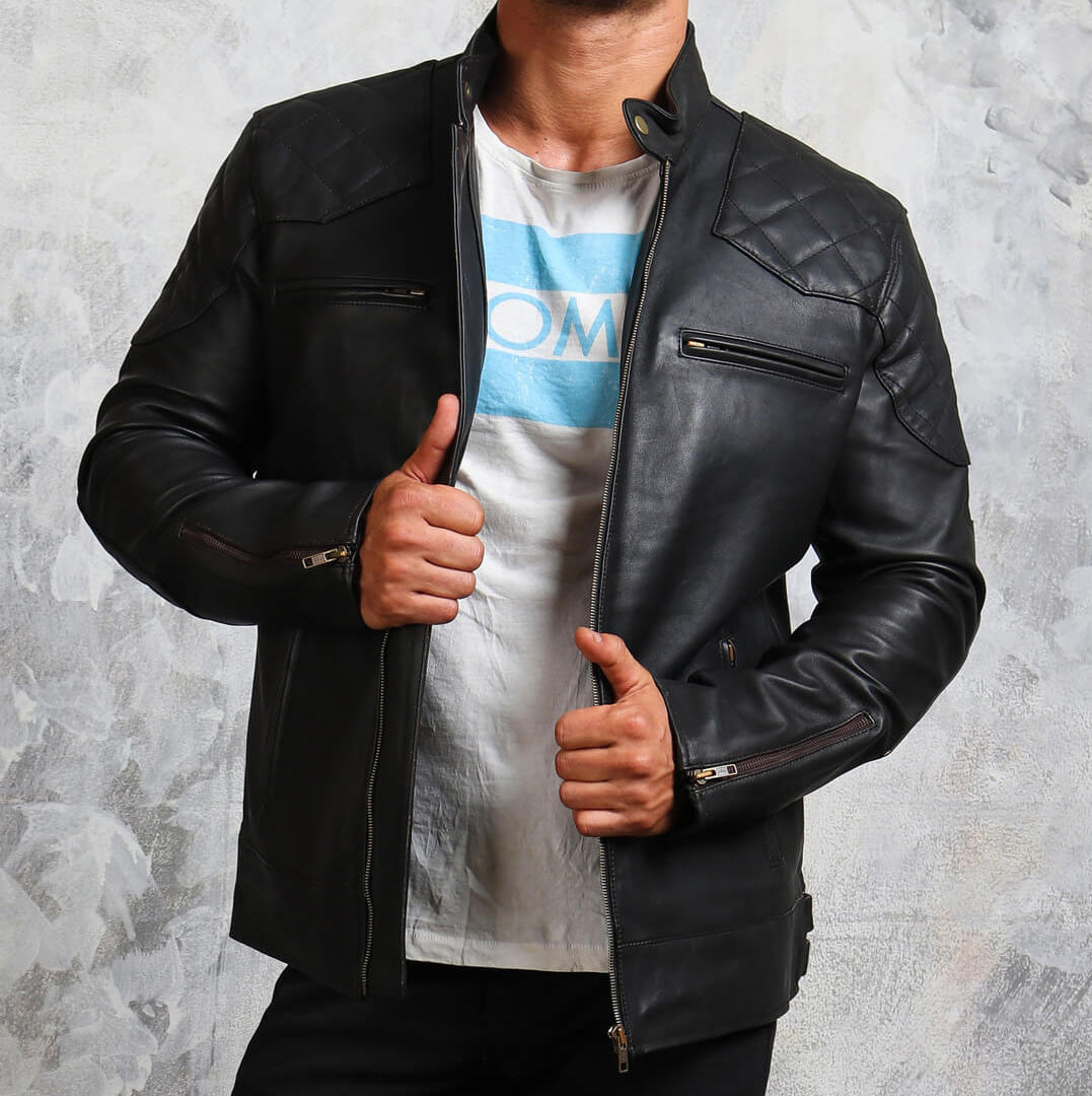Diamond Quilted Shoulder Black Biker Jacket