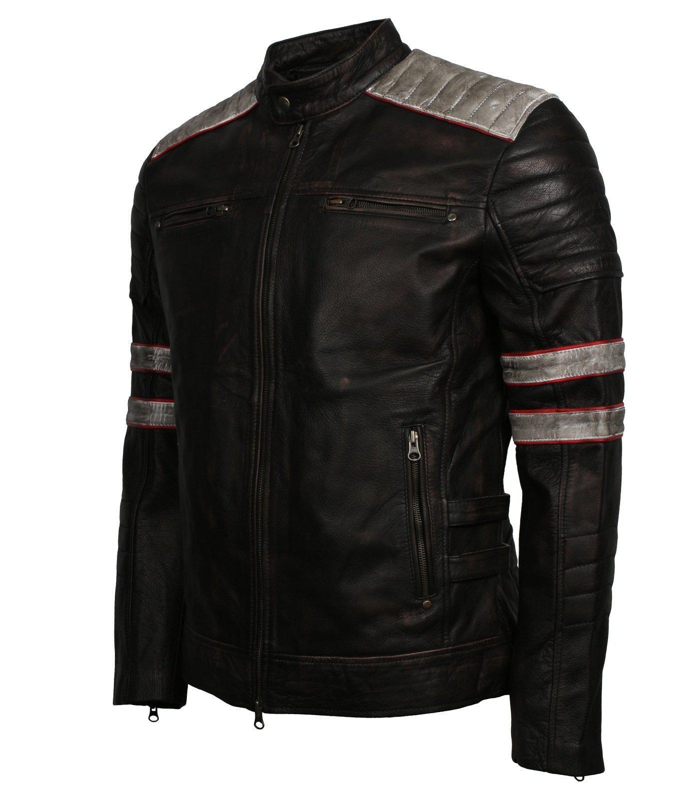 Distressed Leather Biker Jacket Men in Black