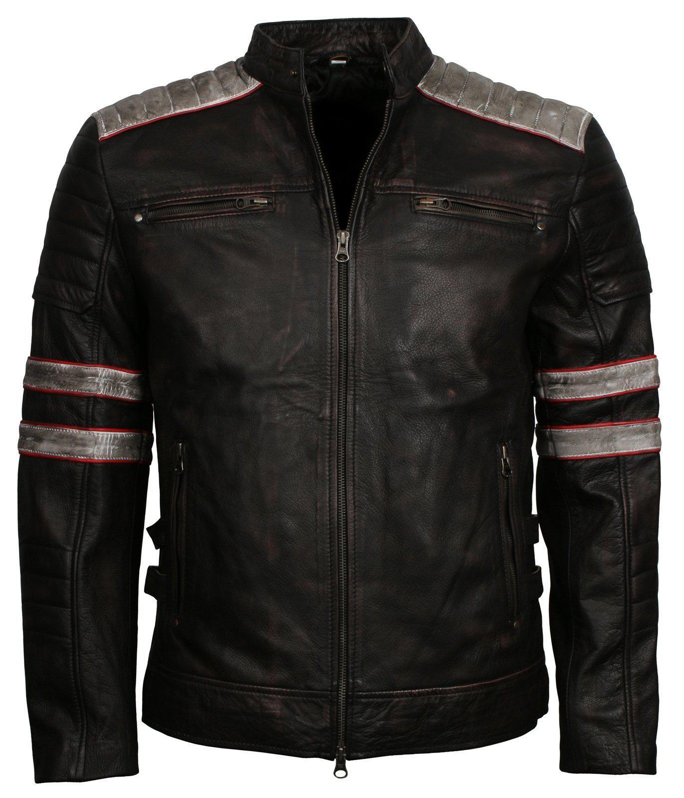 Black Leather Biker Jacket Men with stripes