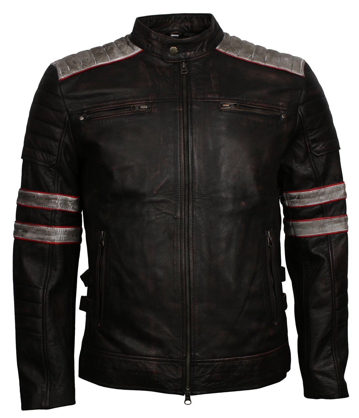Distressed Leather Jacket Black with White stripes