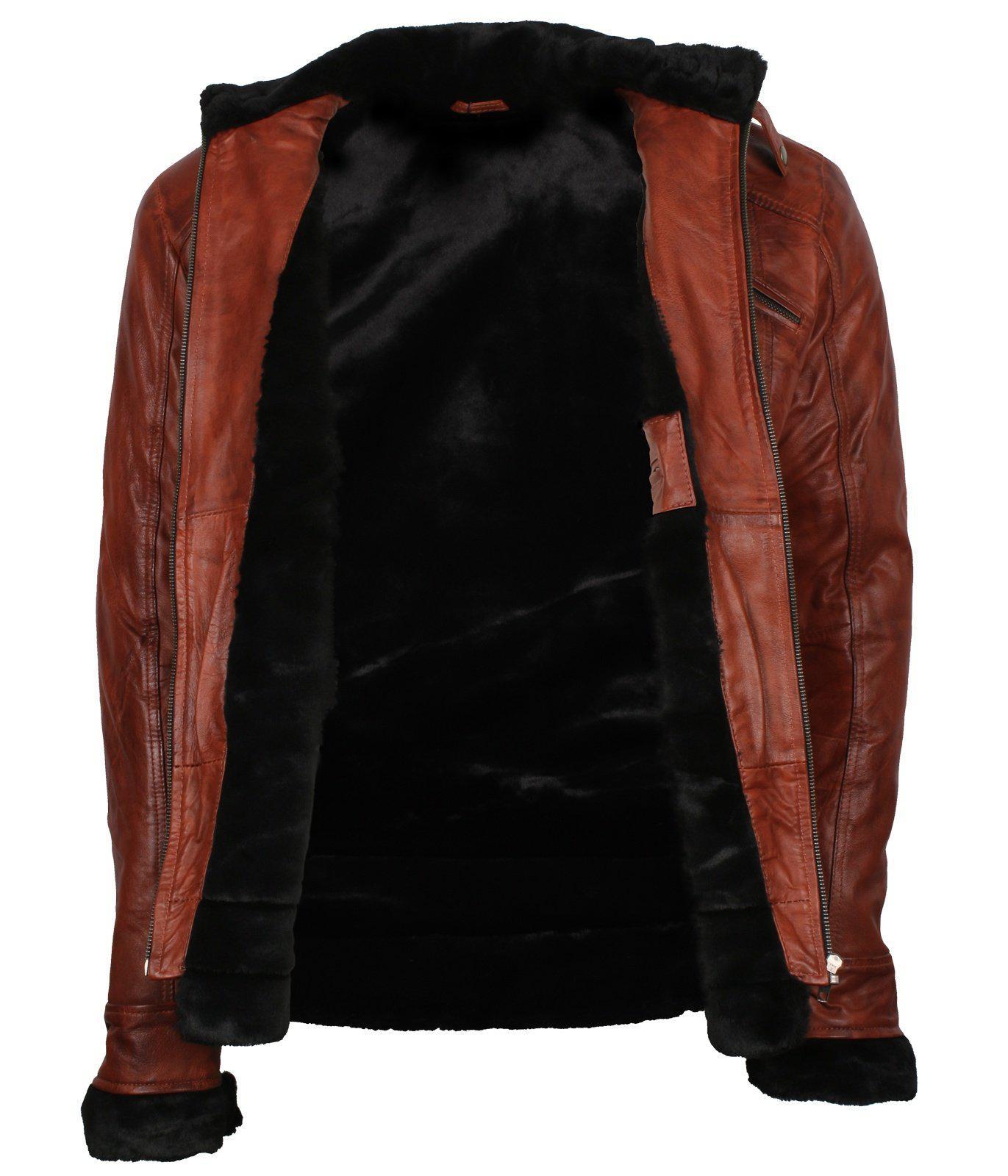 Warm fur lining brown genuine leather winter jacket