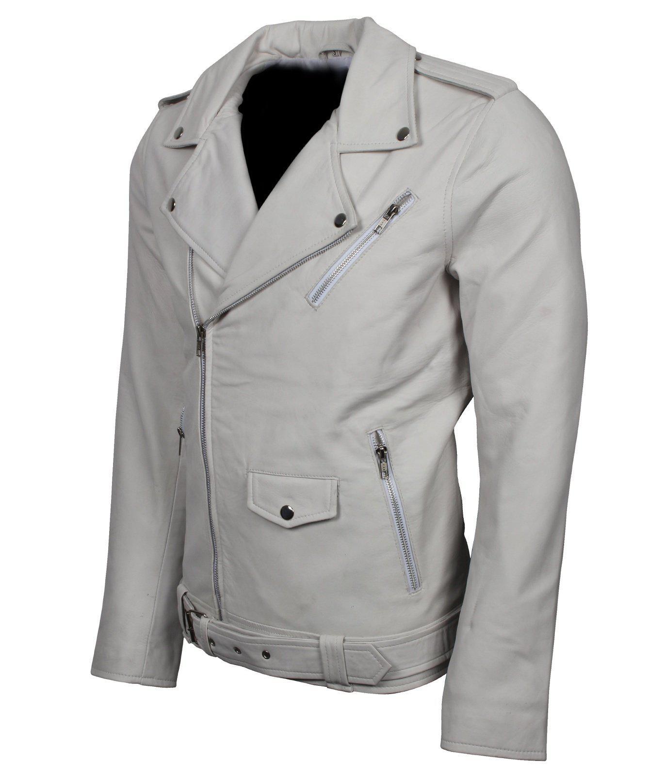 White Genuine Leather blouson moto