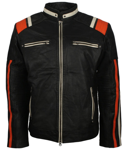 Mens Biker Leather Jacket wit Stripes